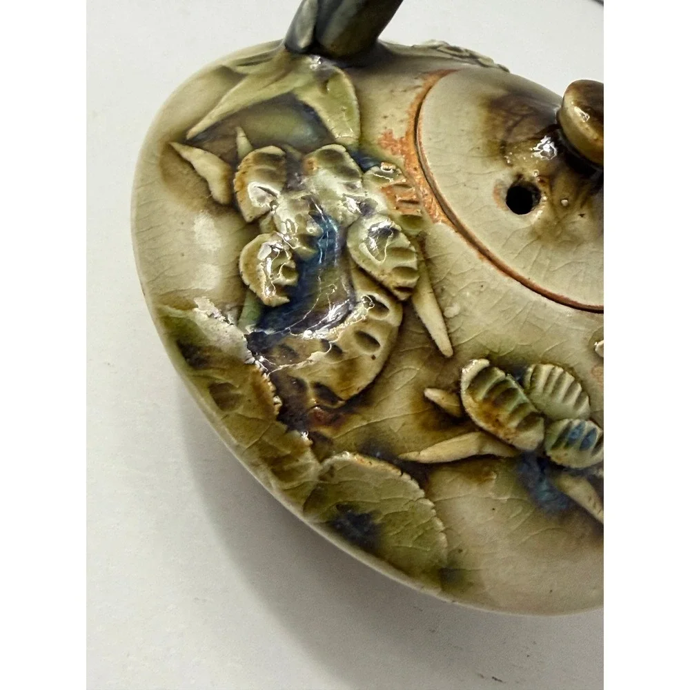 Vintage Ceramic Teapot Cream Green Bamboo Handle Floral Crazed